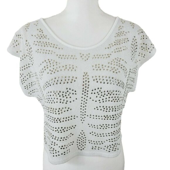 Almost Famous Cropped Sleeveless Sweater Knit Gold Rhinestone Studded Sz Med - Picture 1 of 10